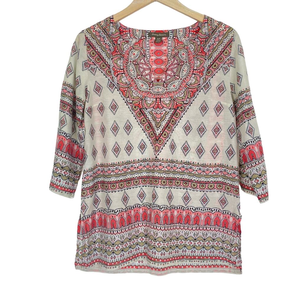 TOMMY BAHAMA Silk Cotton Tunic Top Womens Small Boho Medallion Pink 3/4 Sleeves